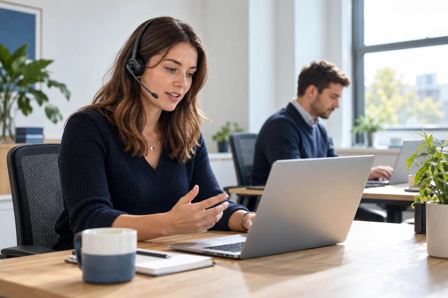 Illustrative scene of a professional making a headset-led sales call while a colleague works nearby