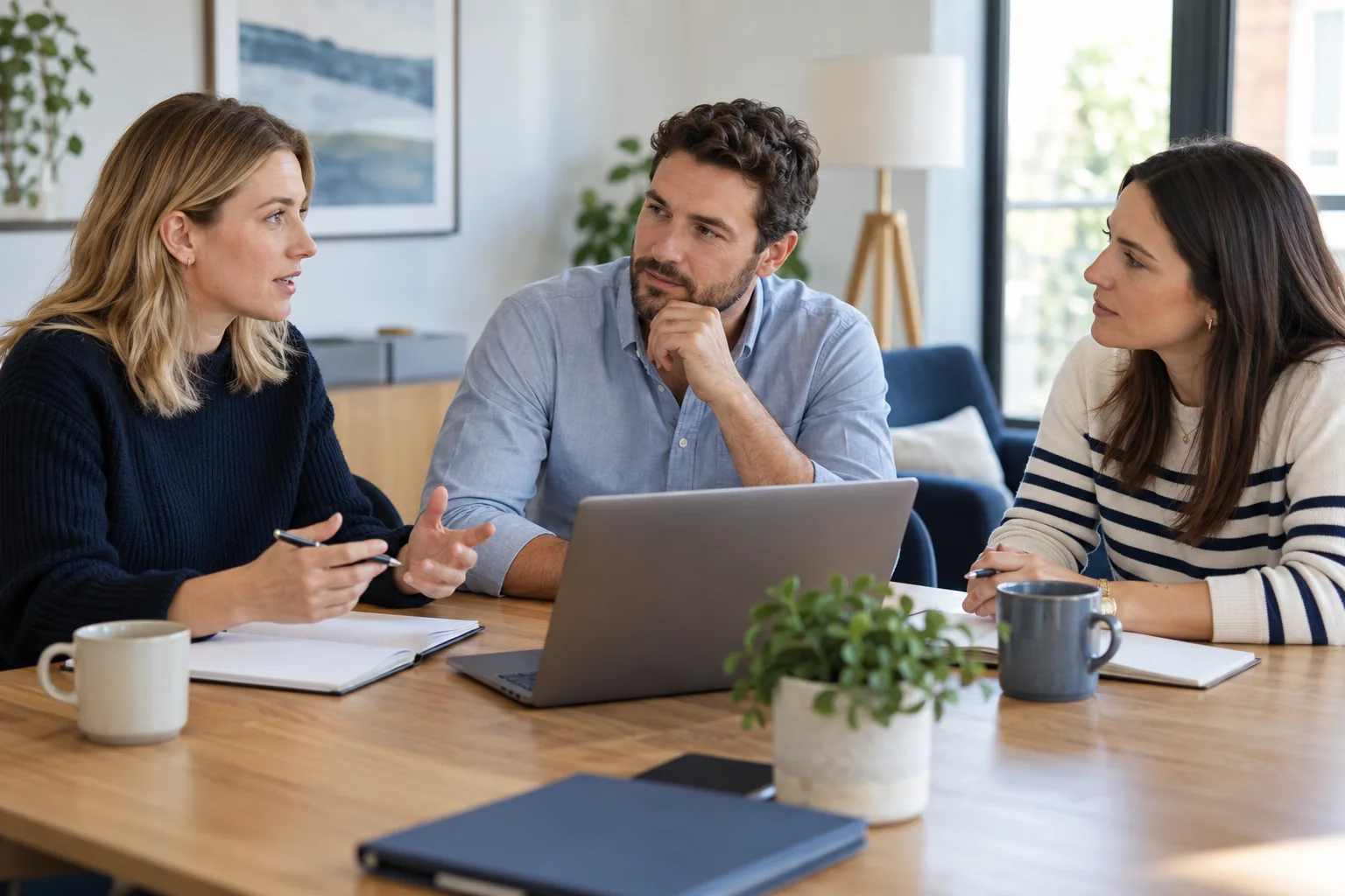 Illustrative scene of three professionals discussing notes and a laptop during an opportunity handover